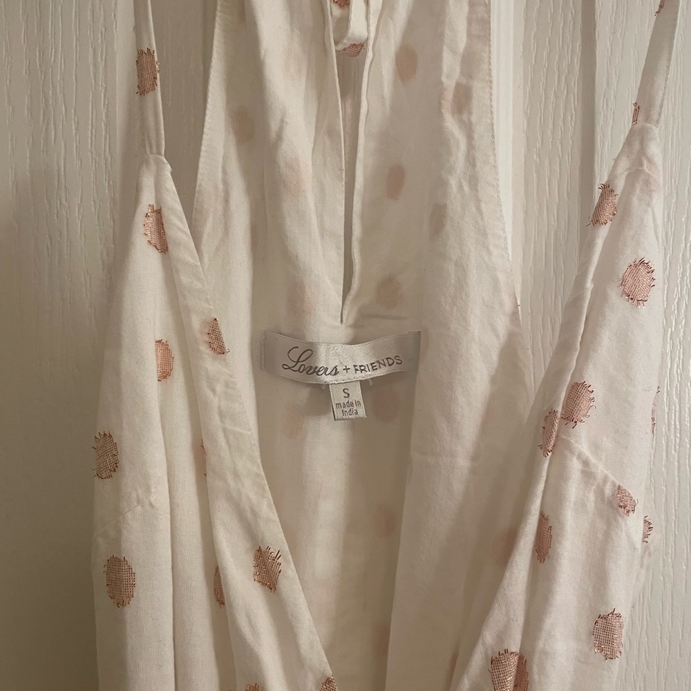 LOVERS + FRIENDS Gigi Polka Dot Print Flounce Wrap Dress in White and Pink - Picture 6 of 13